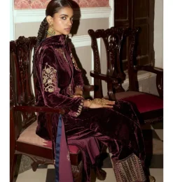 Wine Embroidered Velvet Kurta Set