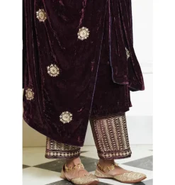 Wine Embroidered Velvet Kurta Set