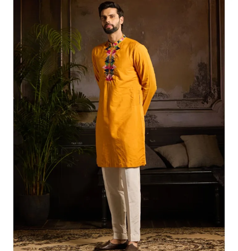 Yellow & Colorful Triangle Placket Embroidered Kurta Detailed With Zip Paired And Ivory Pants