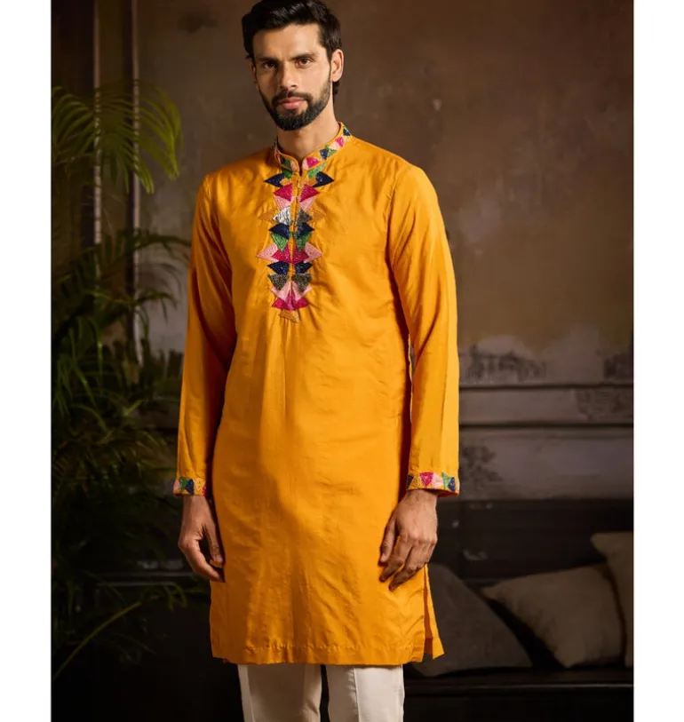 Yellow & Colorful Triangle Placket Embroidered Kurta Detailed With Zip Paired And Ivory Pants