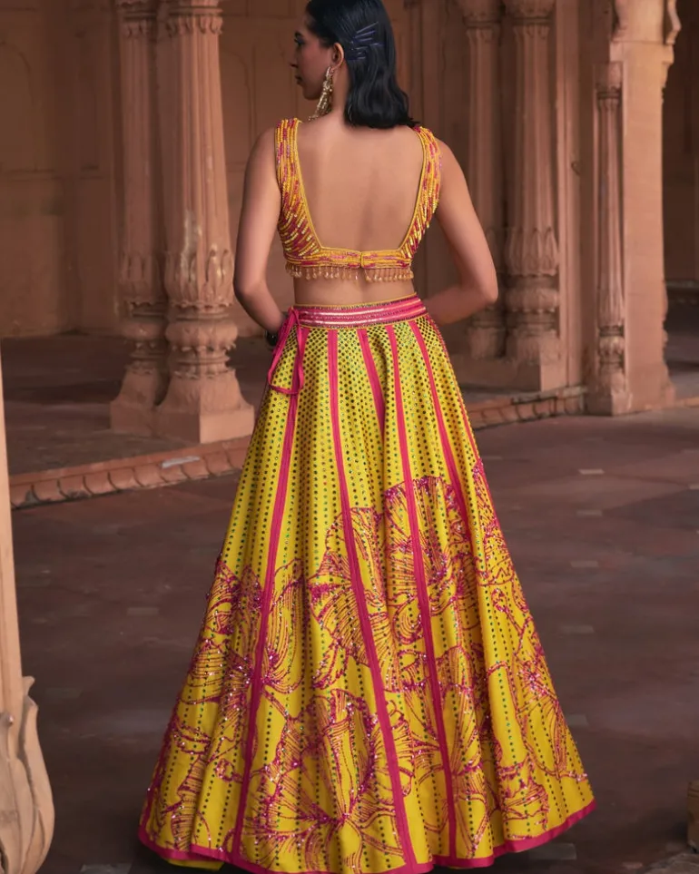 Yellow Big Floral Print and Embroidered Lehenga Set