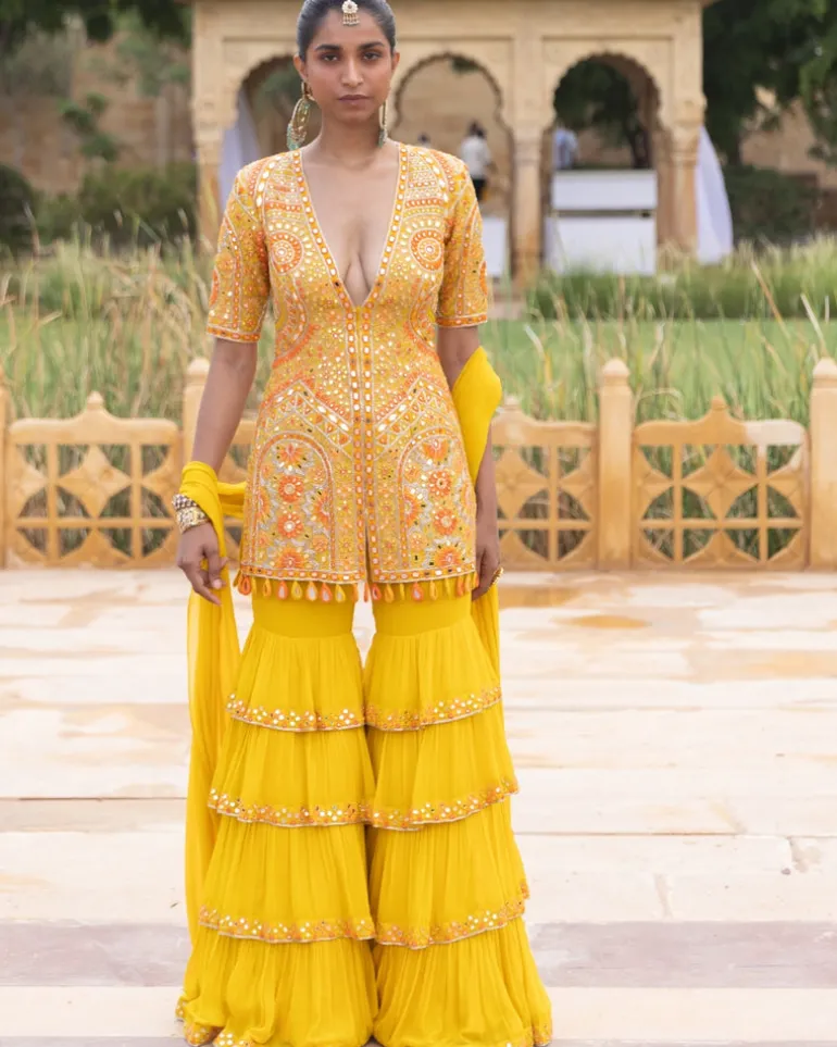 Yellow Colourful Embroidered Gharara Set
