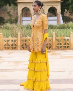 Yellow Colourful Embroidered Gharara Set