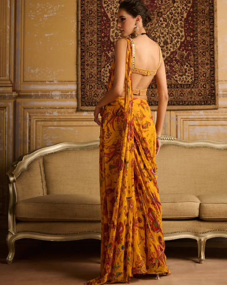 Yellow Embroidered Blouse And Sharara Sari Set