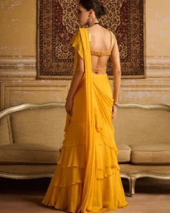 Yellow Embroidered Blouse And Skirt Sari Set