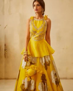 Yellow Embroidered Peplum & Dahlia Lehenga Set
