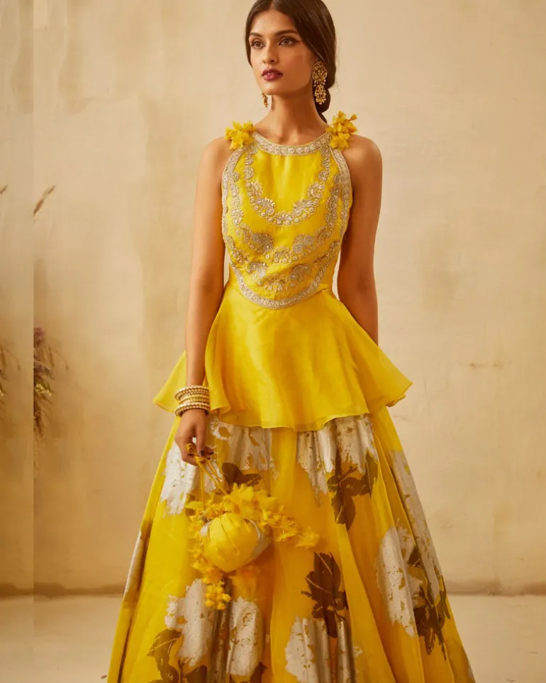 Yellow Embroidered Peplum & Dahlia Lehenga Set