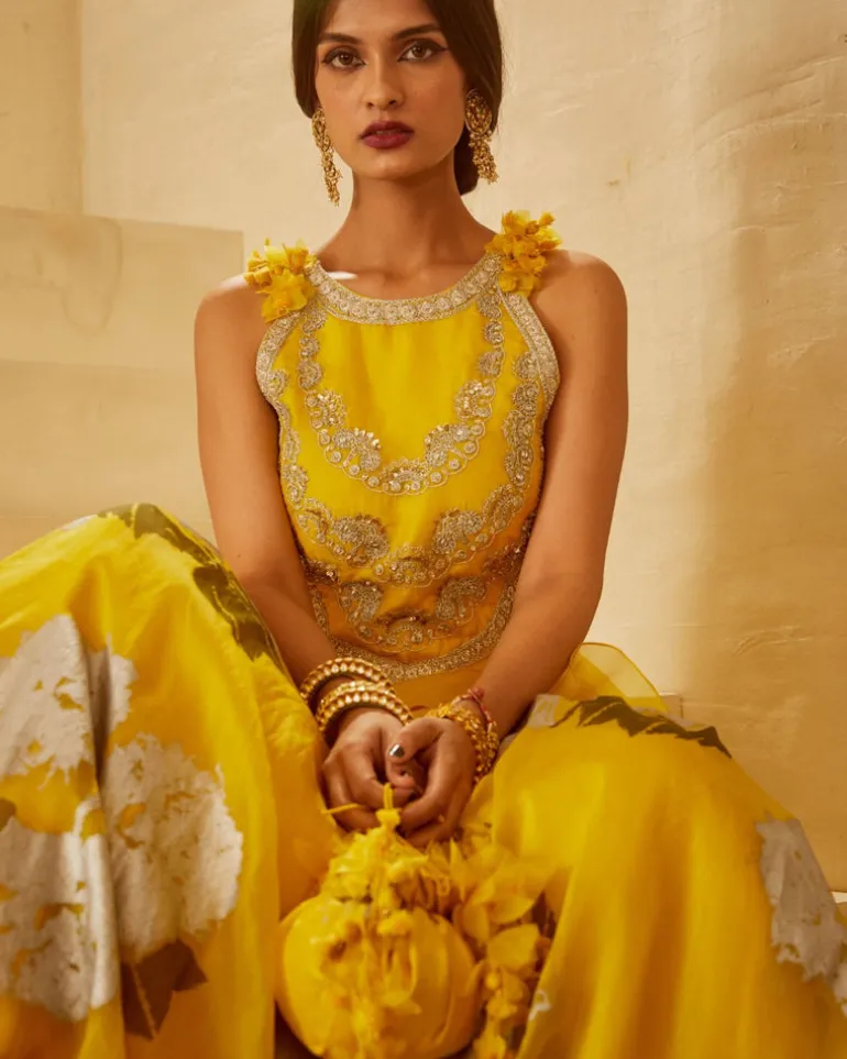 Yellow Embroidered Peplum & Dahlia Lehenga Set
