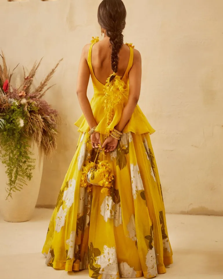 Yellow Embroidered Peplum & Dahlia Lehenga Set