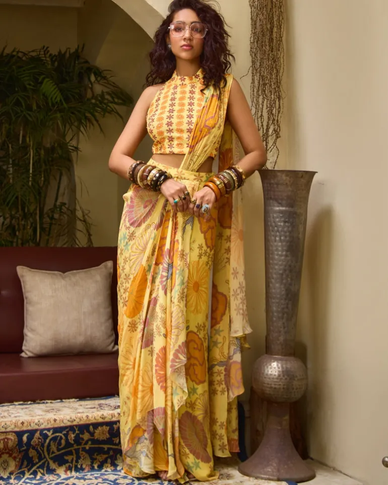 Yellow Floral Embroidery Highlight Sari Set