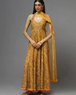 Yellow Halter Neck Printed Anarkali Set