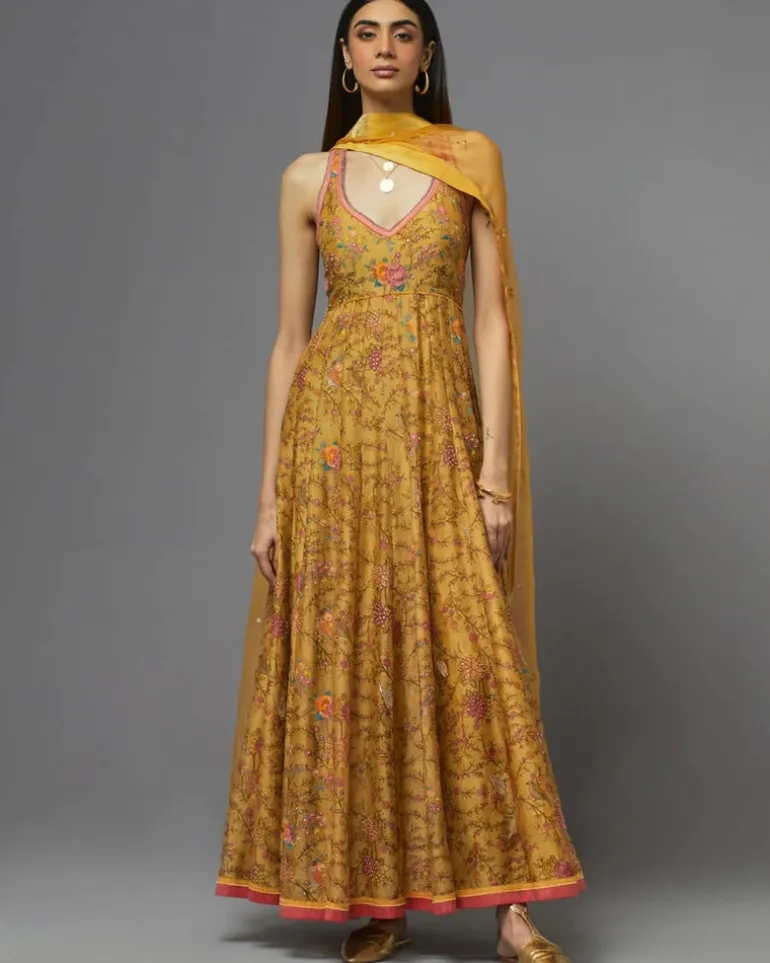 Yellow Halter Neck Printed Anarkali Set