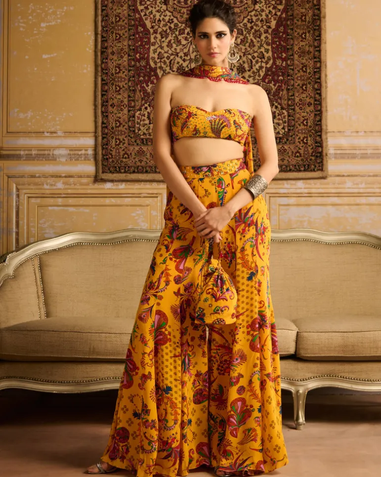 Yellow Highlighted Blouse And Sharara Set