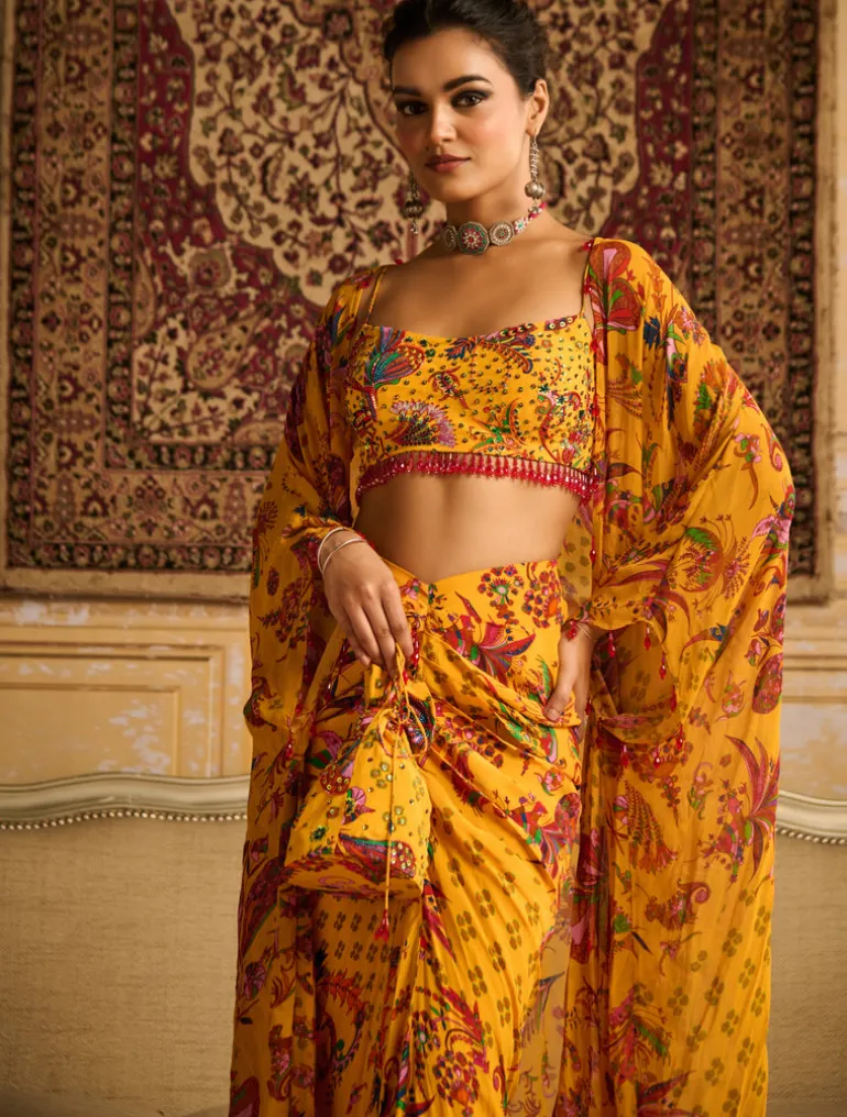 Yellow Highlighted Blouse And Cape Set