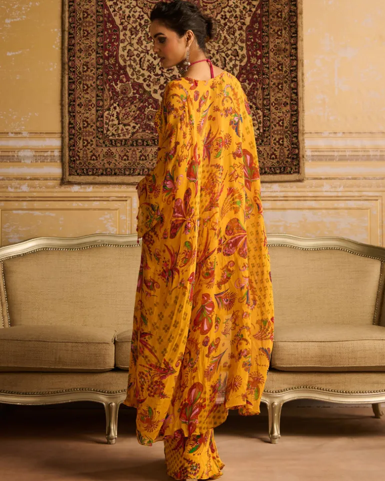 Yellow Highlighted Blouse And Cape Set