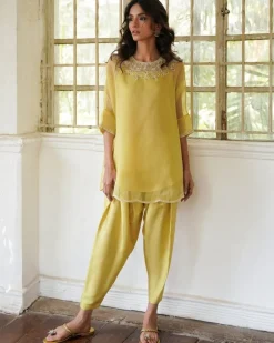 Yellow Lilly Kurta With Drape Pants