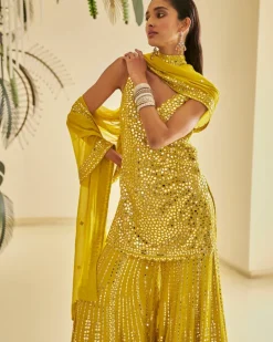 Yellow Mirror Work Sharara Set