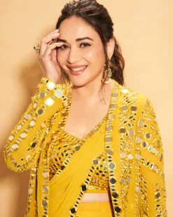 Yellow Mirror Work Stitched Sari Set