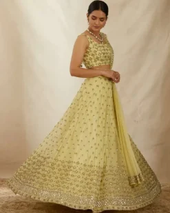 Yellow Net Embroidered Lehenga Set