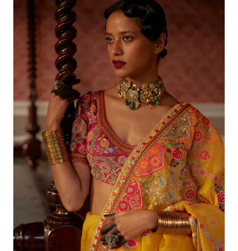 Yellow Organza Sari Set