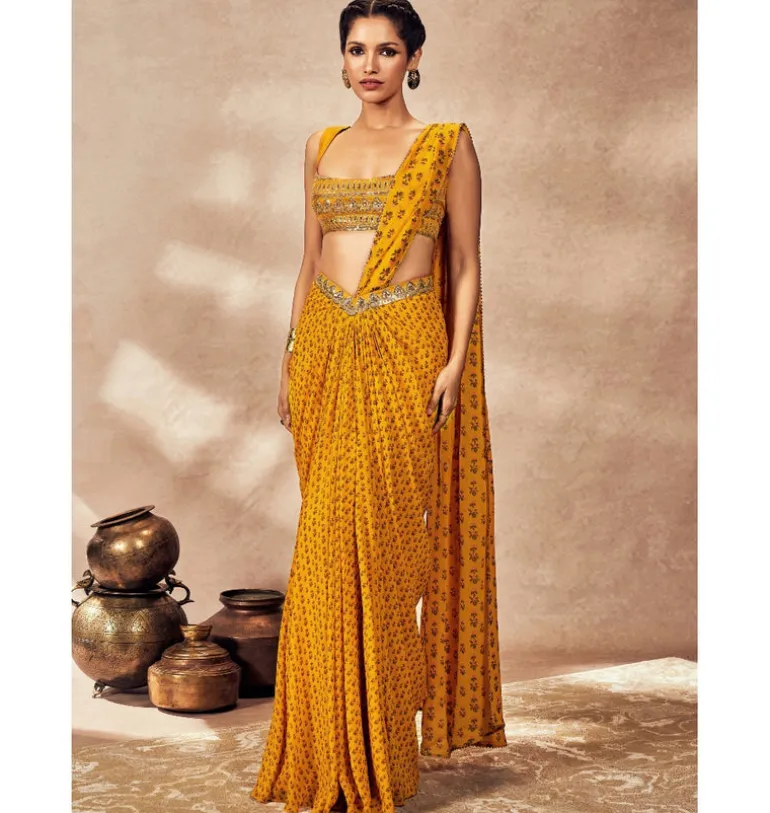 Yellow Pixie Dust Drape Sari Set