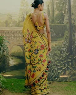 Yellow Placement Print Sari Set