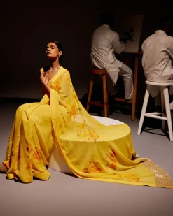 Yellow Pure Georgette Hand-Painted Embroidered Sari