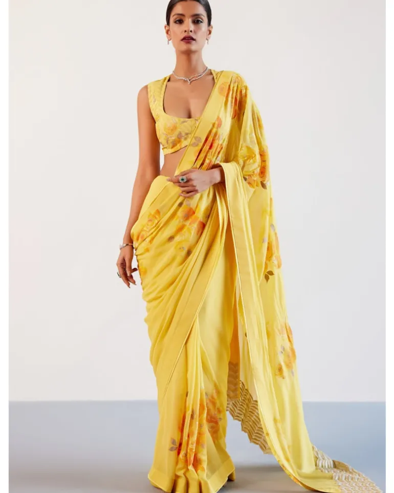 Yellow Pure Georgette Hand-Painted Embroidered Sari