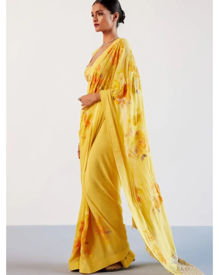 Yellow Pure Georgette Hand-Painted Embroidered Sari