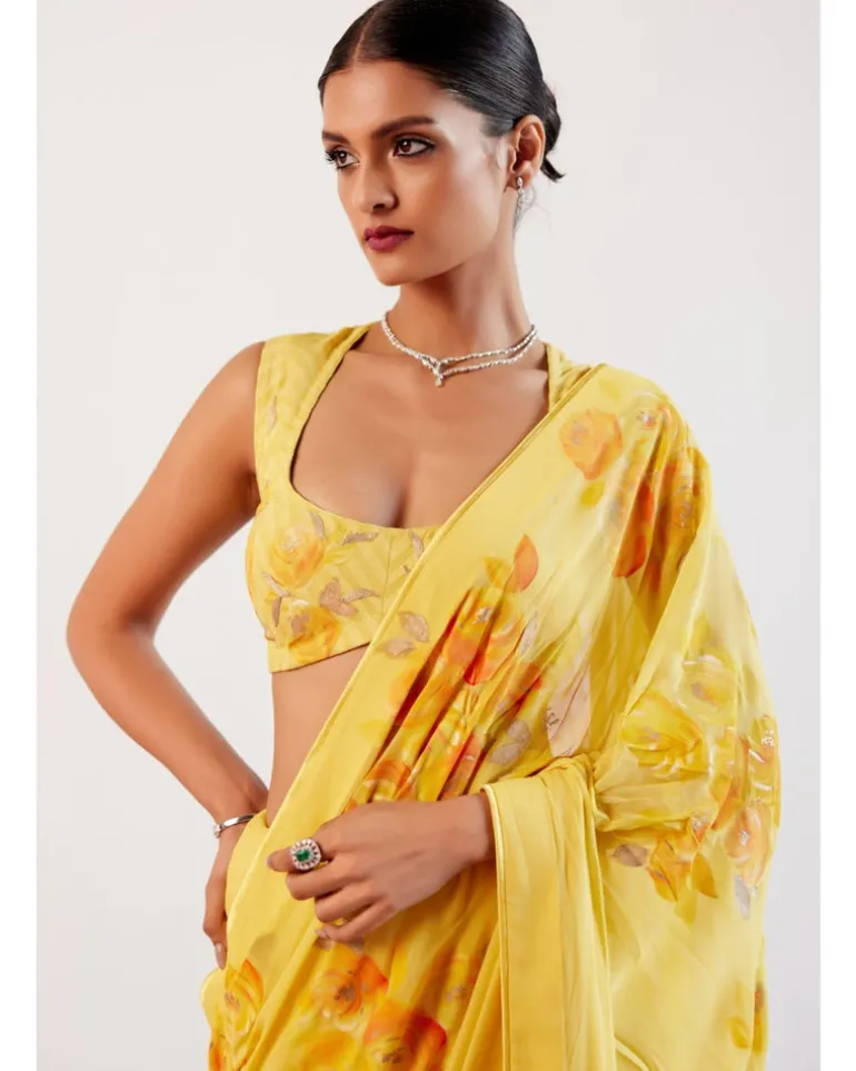 Yellow Pure Georgette Hand-Painted Embroidered Sari