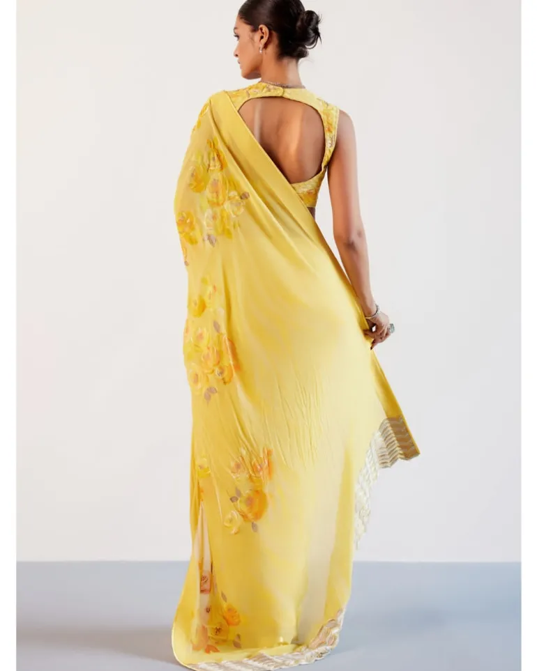 Yellow Pure Georgette Hand-Painted Embroidered Sari