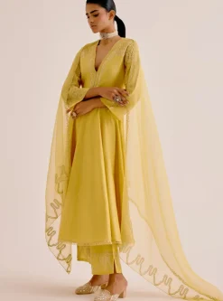 Yellow Silk Chanderi Dori Embroidered Anarkali Set
