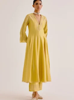Yellow Silk Chanderi Dori Embroidered Anarkali Set