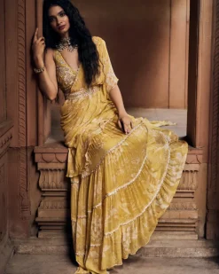 Yellow Vintage Romantic Floral Printed Pre-Draped Sari Set