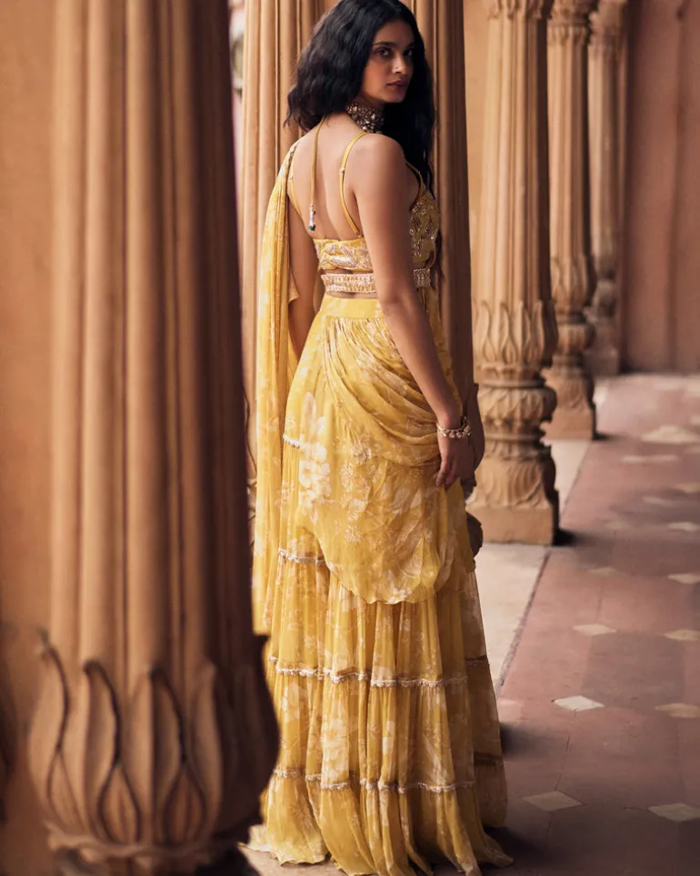 Yellow Vintage Romantic Floral Printed Pre-Draped Sari Set